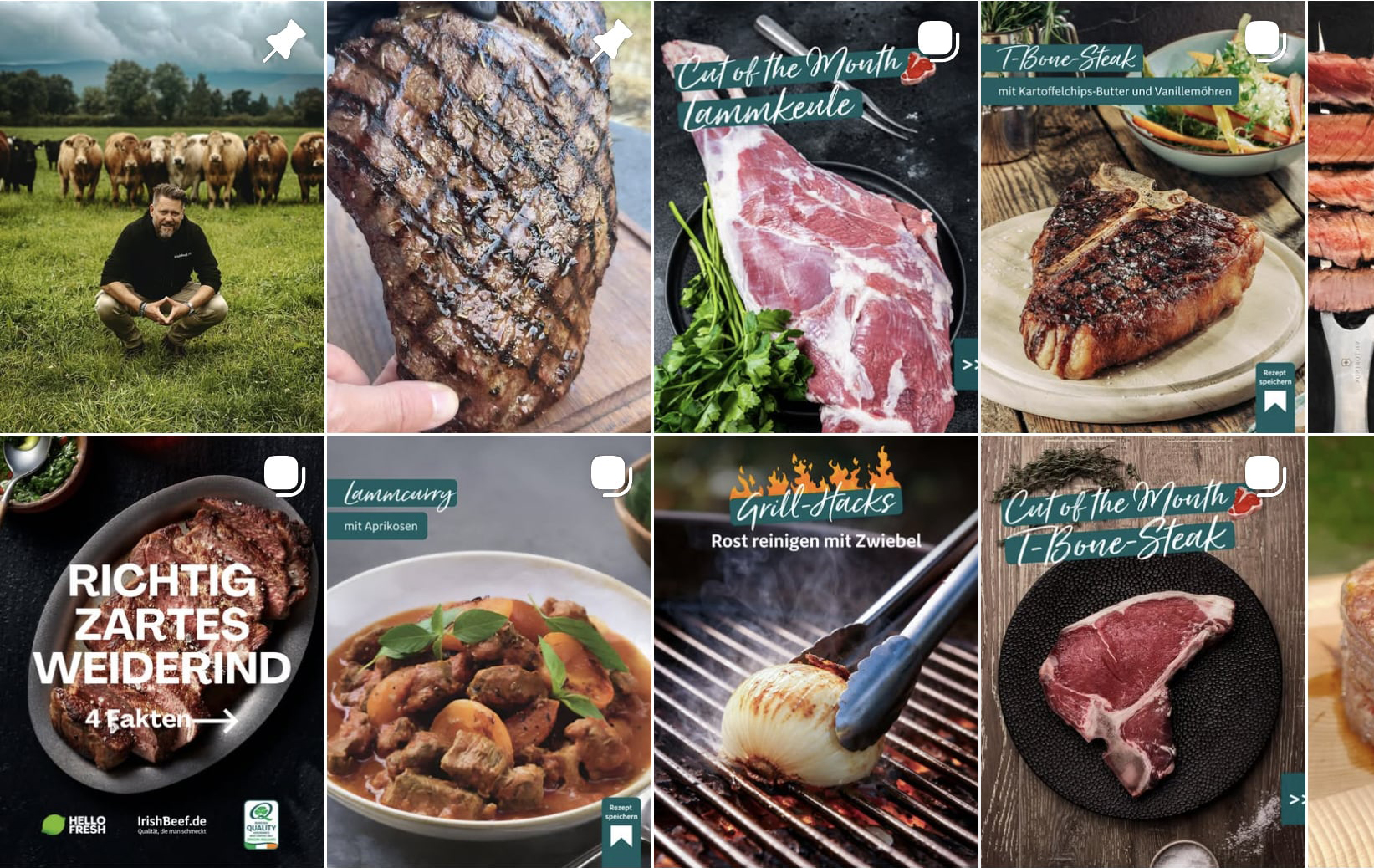 Darstellung des Instagram Kanals von Irishbeef.de als Kacheln - mit Beispielen von Influenzier Content, Rezepten, Redaktionsplan Entwicklung
