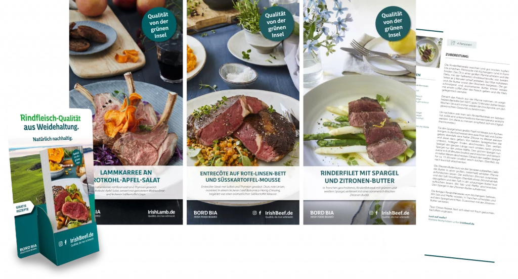 Rezeptkarten für Irish Beef und Irish Lamb mit Food-Fotografie und Rezeptentwicklung von H-ZWO für Bord Bia
