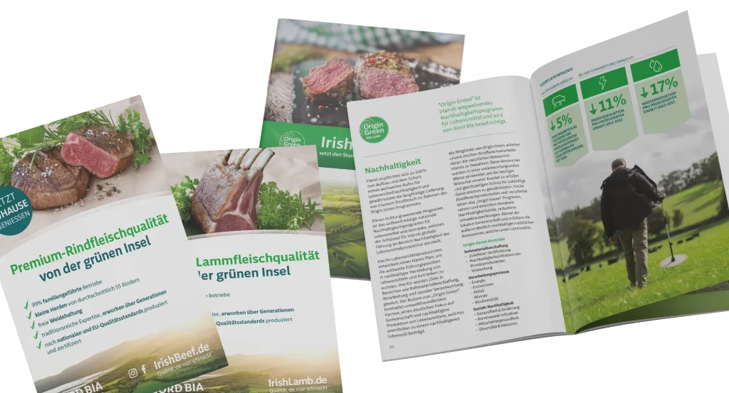 IrishBeef und IrishLamb Flyer sowie IMagebroschüren von H-ZWO für BordBia entwickelt