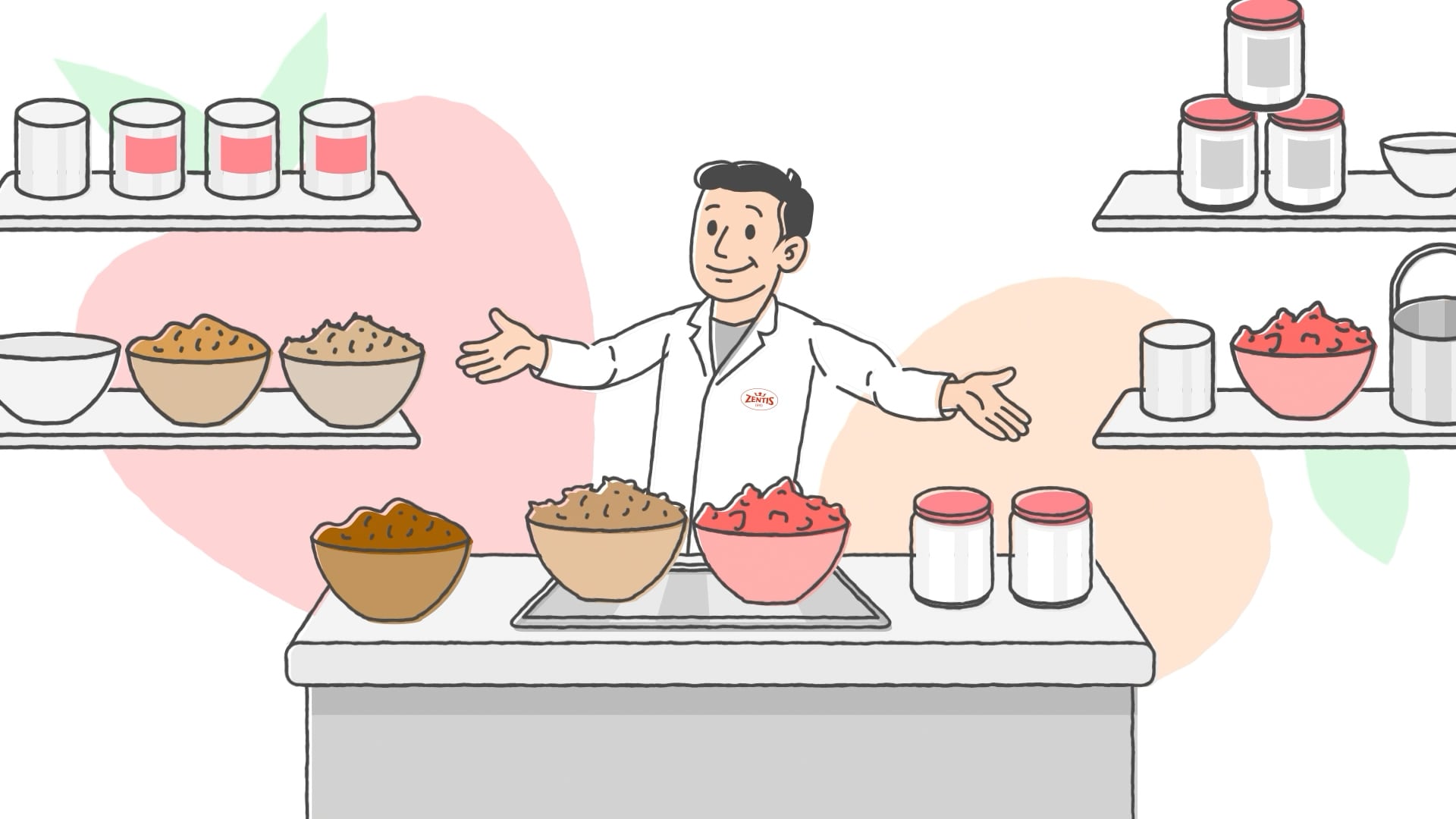 Illustration aus der B2B-Erklärfilm-Serie für Zentis mit der Figur Alex – entwickelt von H-ZWO für internationale Food-Ingredient-Kommunikation.