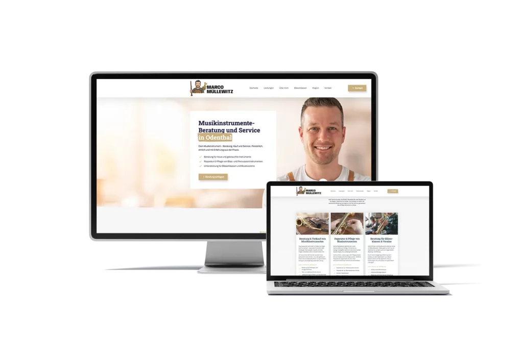Onepager-Website für Instrumentenservice und Beratung von Marco Müllewitz, umgesetzt von H-ZWO – dargestellt auf Desktop und Laptop mit Fokus auf klare Struktur und persönliche Ansprache