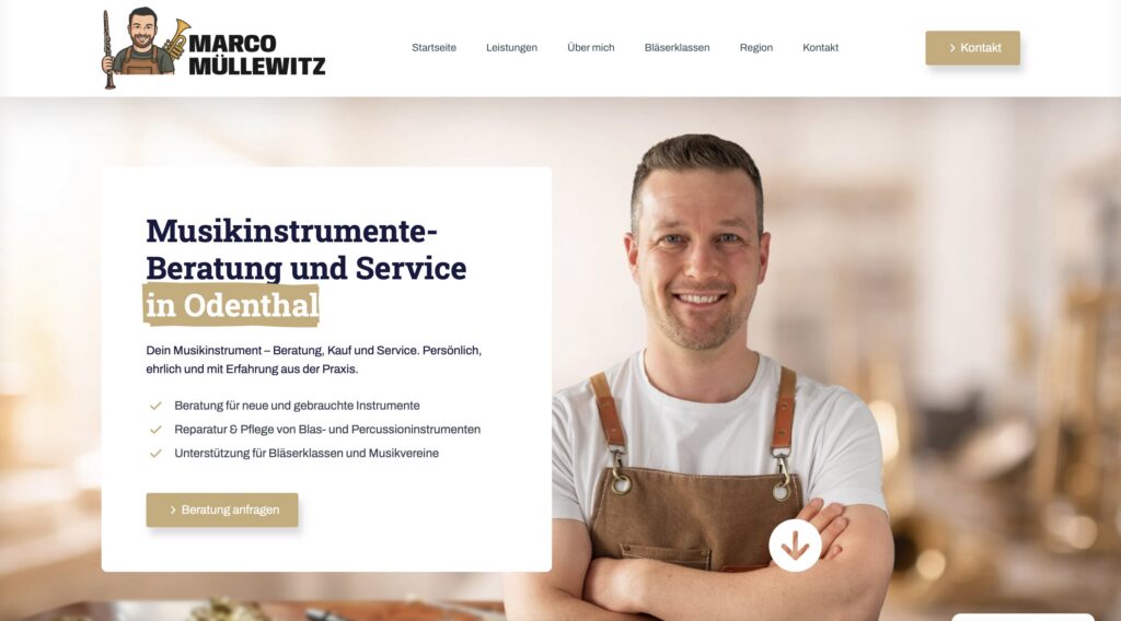 Startseite des Onepagers für Instrumentenservice von Marco Müllewitz mit Headline, Leistungsübersicht und Portraitfoto
