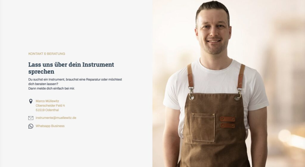 Kontaktbereich der Website für Instrumentenservice mit Kontaktdaten und Portrait von Marco Müllewitz