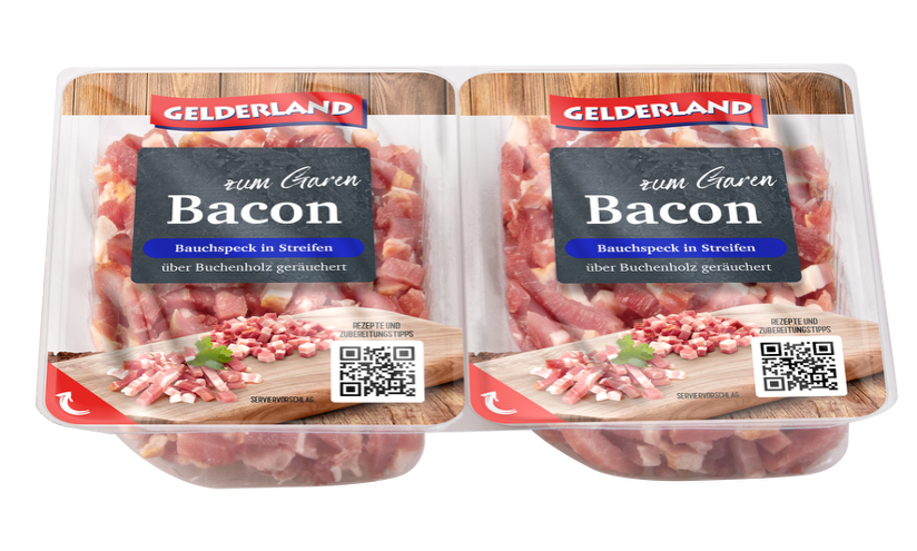 Gelderland Baconstreifen in Doppelkammerverpackung – neues Food Packaging Design für die Bacon-Produktlinie von OSI Europe.