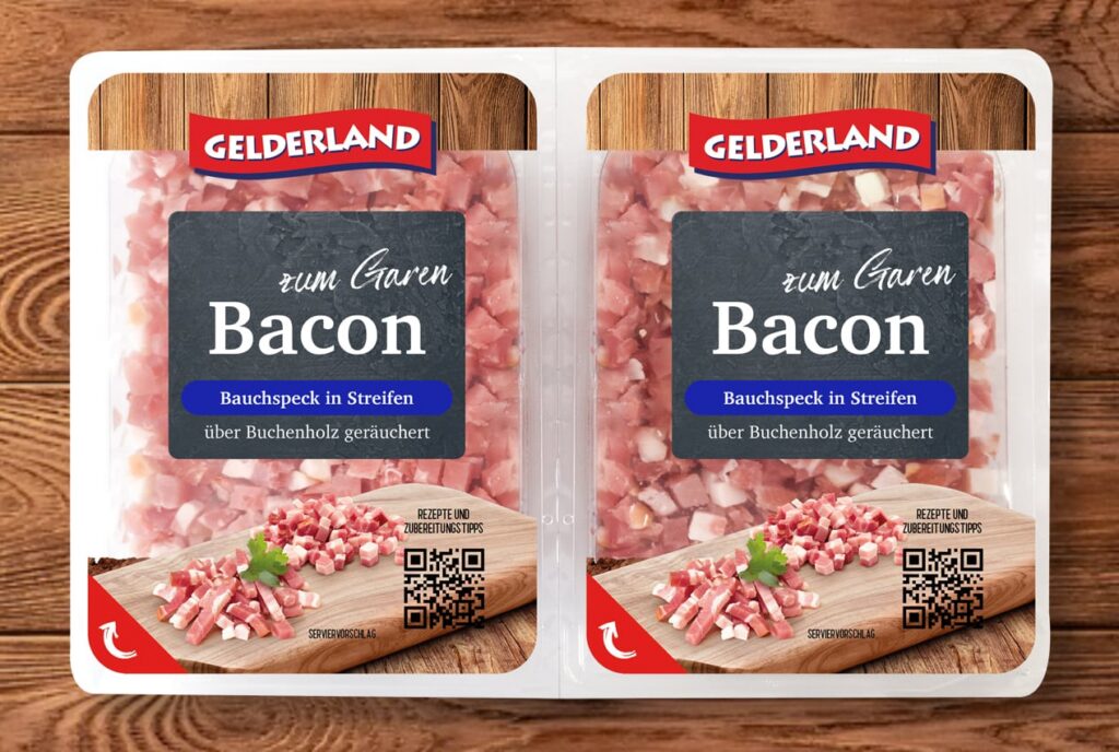 Gelderland Baconstreifen in Doppelkammerverpackung Aufsicht – neues Food Packaging Design für die Bacon-Produktlinie von OSI Europe.