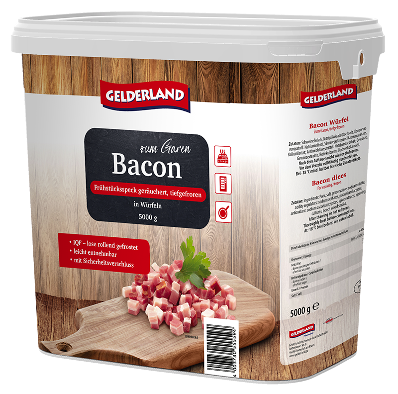 Verpackungsdesign für Gelderland Baconwürfel im 5-kg-Gebinde – Food Packaging und B2B-Verpackungskonzept von H-ZWO.
