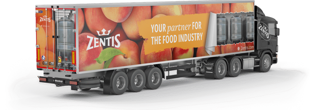 Zentis LKW mit großflächigem Aprikosen- und Pfirsichmotiv als Teil des neuen Fahrzeugdesigns von H-ZWO.