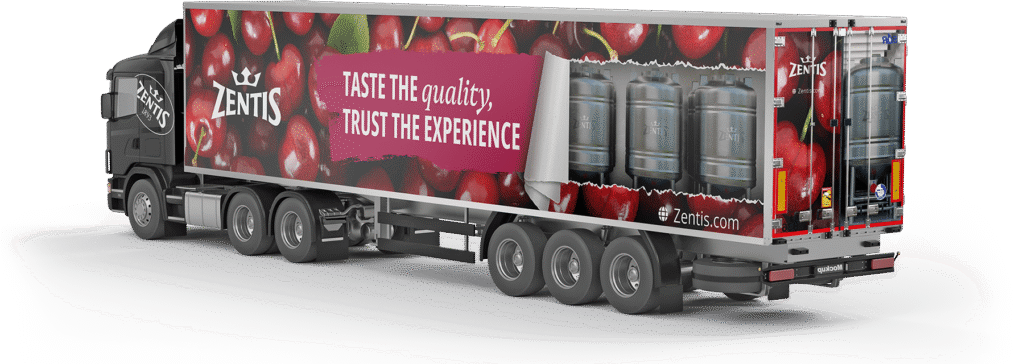 Fahrzeugdesign für die Zentis LKW-Flotte mit überlebensgroßen Kirschen und integrierter 3D-Risskanten-Optik.