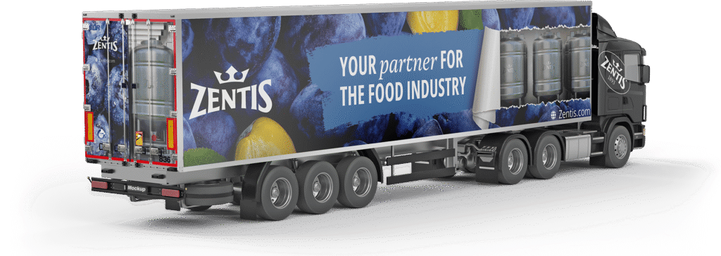 Zentis LKW mit großflächigem Pflaumen-Motiv sowie 3D-Container-Visualisierung im Rahmen des neuen Flottendesigns von H-ZWO.