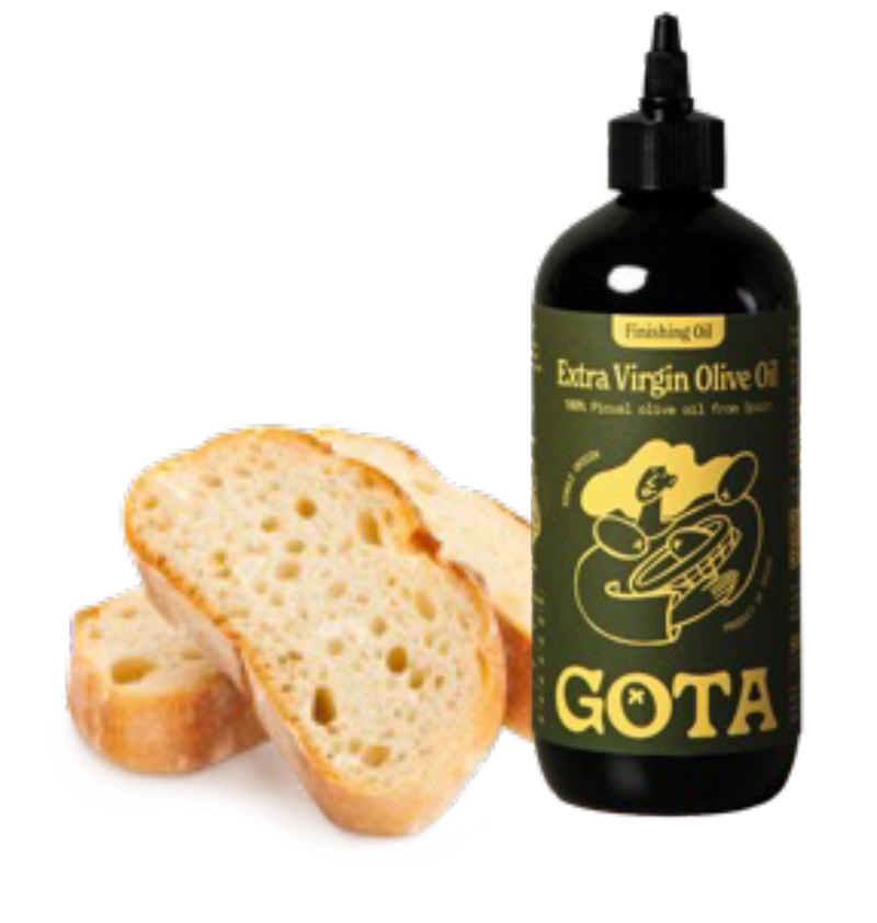GOTA Finishing Oil mit Brotscheiben zur Olivenölverkostung
